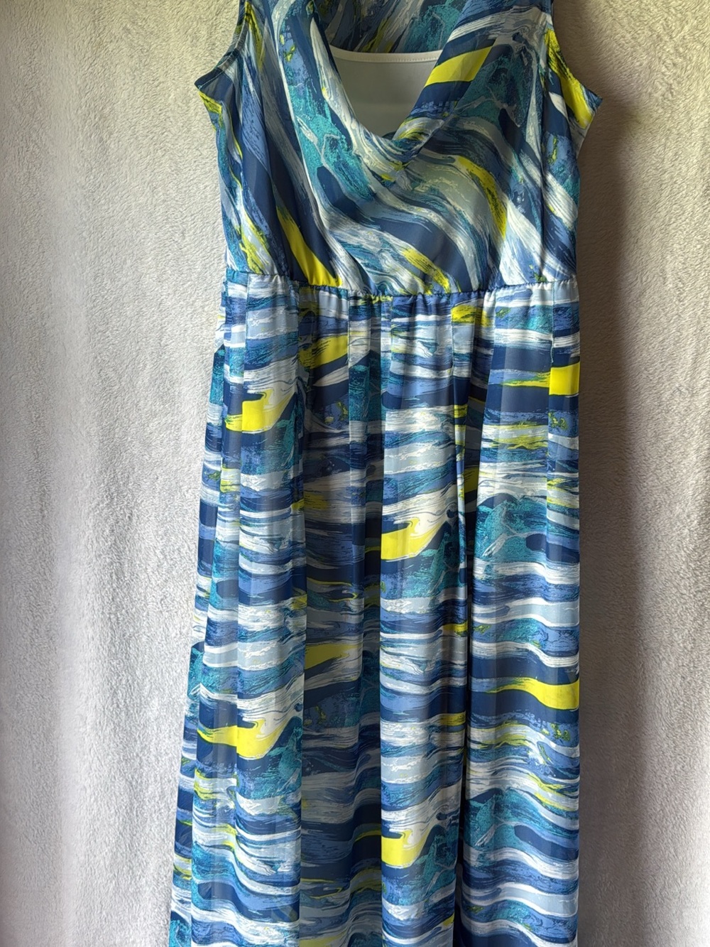 Blue & Yellow Wave Print Sleeveless Maxi Dress